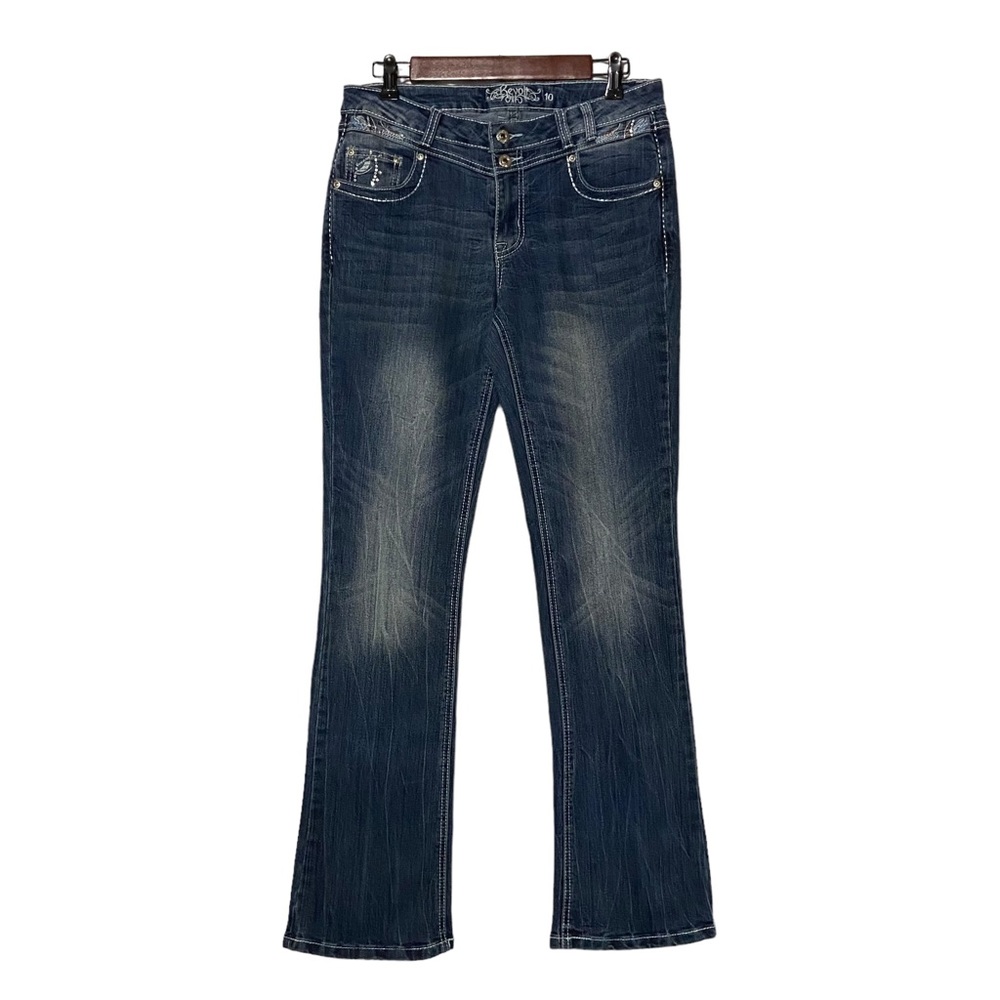 Y2K Revolt Flap Back Rhinestone Sequin Embroidered Pocket Vintage Jeans Blue